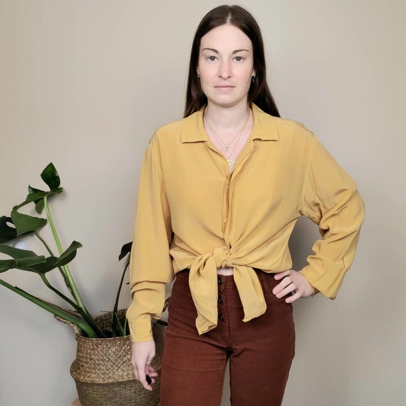 Vintage Tops - Vintage 90s Mustard Yellow Silk Buttondown Shirt Womens Large